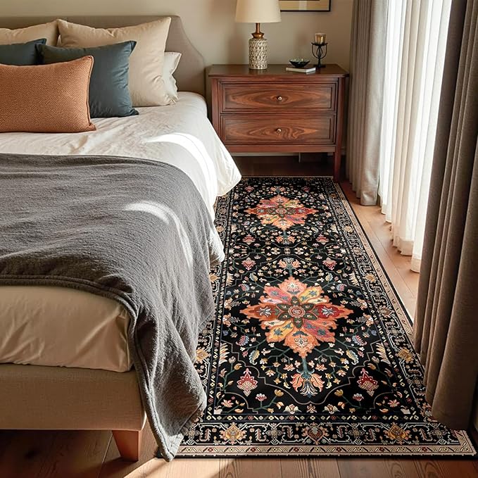 RELEANY Area Rugs 3'x6' Runner Rug Non Slip Washable for Kitchen Hallway Bedroom Beside Laundry Room Bathroom Rug, Floor Carpet, Black Colorful Floral Dark Tan