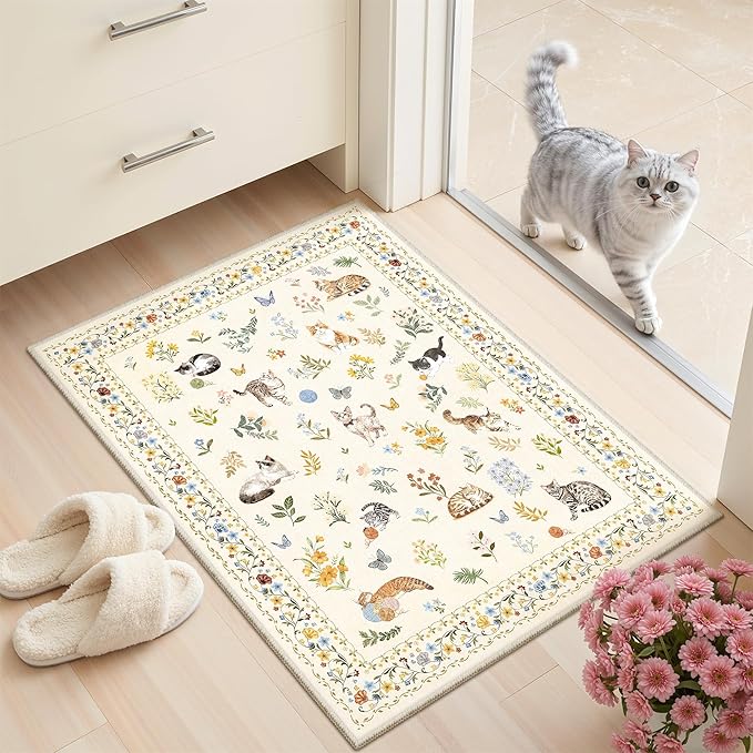 Soalmost 2x3 Cat Rugs for Entryway, Machine Washable Door Mat Animal Floral Small Area Rug Non-Slip Low Pile Soft Throw Rugs for Entrance Kitchen Indoor Front Door Kids Room (2 x 3,Beige)