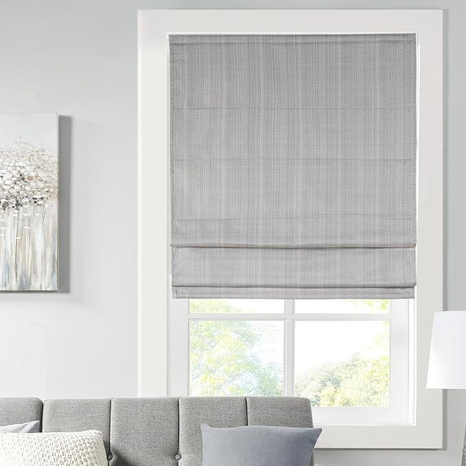Madison Park Galen Cordless Roman Shade, 34"W x 64"H, Sheen Grey – Room Darkening, Thermal Insulated, Energy Efficient Window Blind with Subtle Sheen Basketweave Fabric for Privacy
