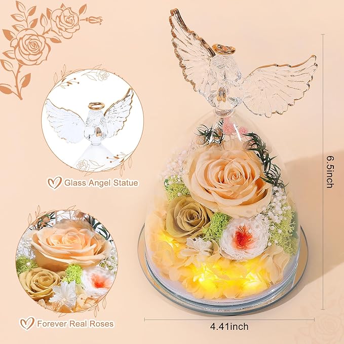 FIACO Gifts for Mom Women Birthday Preserved Rose in Glass Angel Figurine Forever Fresh Flower for Delivery, Mothers Day Flowers Gifts for Grandma Wife Daughter