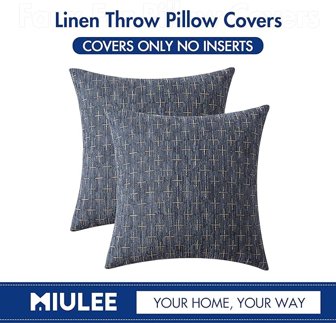 MIULEE Pack of 2 Decorative Burlap Linen Throw Pillow Covers Modern Farmhouse Pillowcases Rustic Woven Textured Cushion Cover for Sofa Couch Bed 16x16 Inch Blue