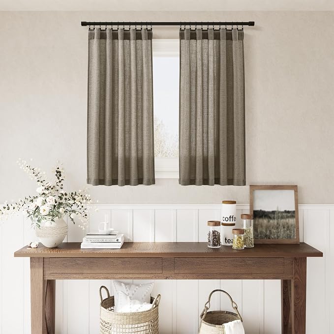 Nanspring Mocha Linen Cafe Curtains 30 Inch Length Privacy Light Filtering Semi Sheer Front Door Small Window Curtain Back Tab Rod Pocket Pleated Short Drapes for Bathroom Kitchen Basement RV 30Wx30L
