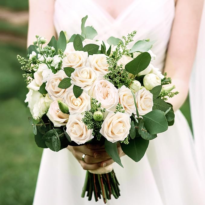 Mocoosy 50Pcs Rose Artificial Flowers, Cream White Fake Roses for Decoration, Real Touch Beige Foam Rose Bulk with Stem DIY Wedding Bouquet Bridal Shower Mother's Day Floral Arrangement Table Decor