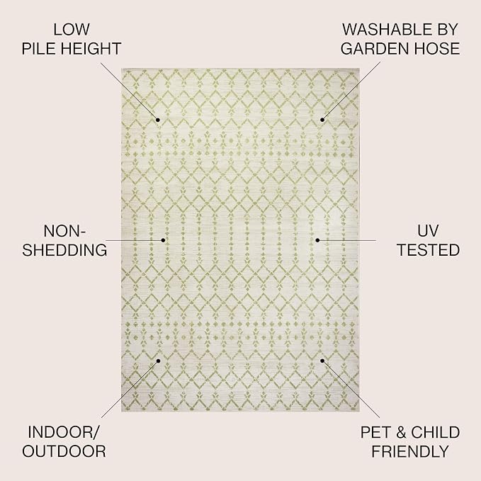 JONATHAN Y Moroccan Geometric Indoor Outdoor Area Rug 5X8 Cream/Green, Ourika Textured Weave for Backyard, Patio, Porch, Easy-Cleaning, High Traffic, Pet-Friendly, Non-Shedding (SMB108M-5)