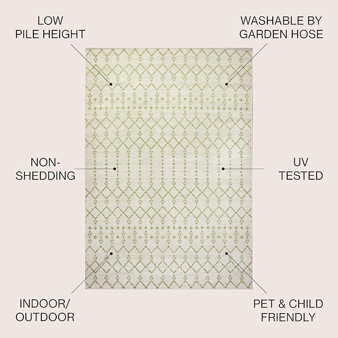 JONATHAN Y Moroccan Geometric Indoor Outdoor Area Rug 8X10 Cream/Green, Ourika Textured Weave for Backyard, Patio, Porch, Easy-Cleaning, High Traffic, Pet-Friendly, Non-Shedding (SMB108M-8)