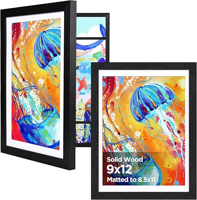 KINLINK 9x12 Kids Art Frame Set of 2, Solid Wood Kids Artwork Frames Changeable with Front Opening Hold 150 Pictures, Art Frames for Kids Art with Mat，without Mat 9x12 Picture Frame Black