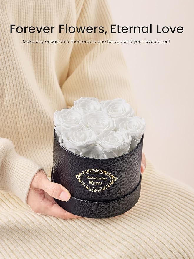 Beaulasting Long Lasting Preserved Roses in a Box Last a Year Forever Flowers for Her Mom Wife Anniversary Birthday (Round Black Box, White)