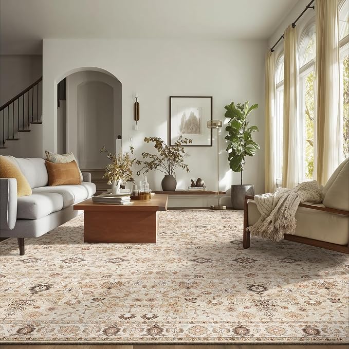 Washable Rugs for Living Room: 8x10 Area Rugs for Bedroom Ultra Soft Non-Slip Stain Resistant Vintage Boho Large Carpet for High-Traffic Dining Room - Farmhouse Decor