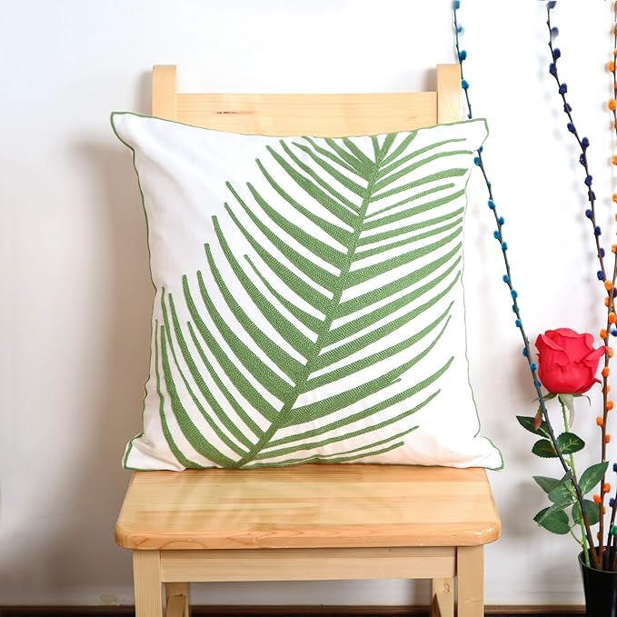 Embroidery Throw Pillow Cover 18x18 Inches Decorative Floor Pillow for Couch 100% Cotton Cushion Cover Tropical Green Palm Leaf Embroidered Pillowcase 45x45cm, 1 Piece