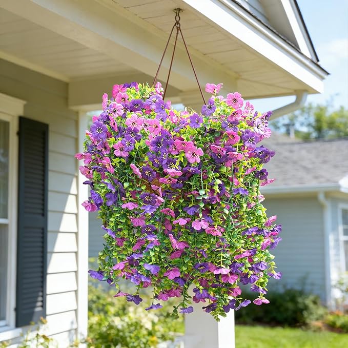 Fanfantoey 4Pcs Artificial Flowers for Outdoors, Realistic Fake Hanging Flowers Plants, UV Resistant Fake Flowers, Faux Silk Daisy Flower Vines for Planter Outside Decor(Double Purple)