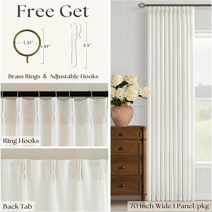 Natural Beige Semi Sheer Pinch Pleated Linen 70 Inch Extra Wide Curtains | Cream Ivory Neutral, 84 inch Long, Light Filtering Privacy, Living Room, Flax Textured, Memory Shape Hook Rings, Boho Modern