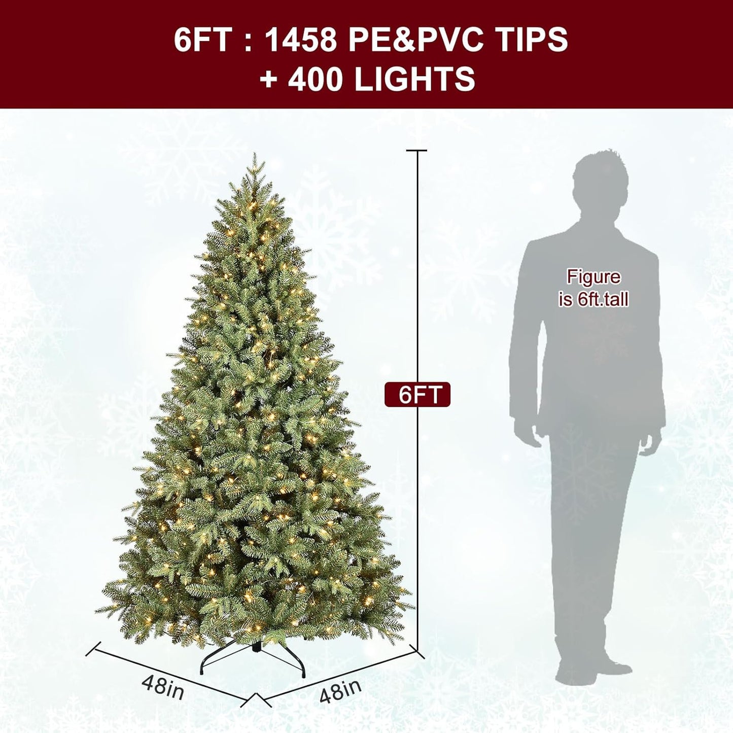 6FT Pre-Lit Artificial Christmas Tree with 1458 PE&PVC Mixed Branch Tips, 400 Warm White Lights, Hinged Premium Spruce Fake Xmas Trees, Green, Foldable Base