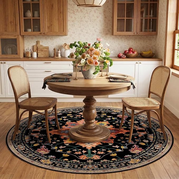 RELEANY Area Rugs 6ft Washable Non-Slip, Floral Vintage Distress Print Pattern Medallion Carpet for Living Room Bedroom Dining Room, Black Colorful Floral Dark Tan