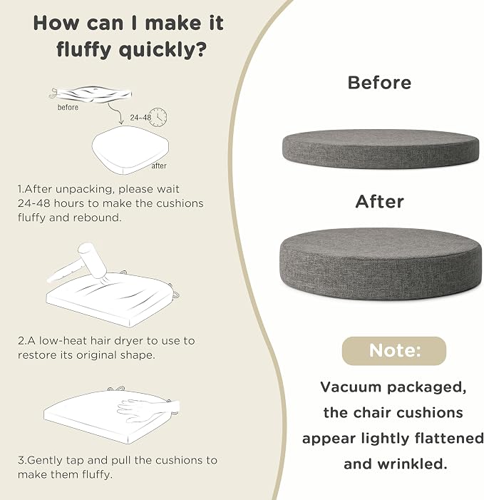 AddGrace 2.5" Thick Non Slip Round Chair Pad 1 Pack, 16", Light Grey | Machine-Washable Cover, Non-Slip, for Kitchen, Dining Room, Office, Floor, Bistro Cafe, for 16" Ottoman, 16" Round Stool