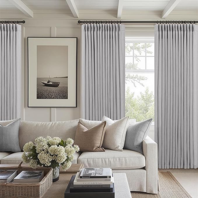 White Grey Living Room Curtains 84 Inch Length 2 Panels Pinch Pleat Back Tab Cotton Textured Linen Pleated Drape Semi Sheer Filtering Light Gray Curtain for Bedroom Farmhouse Mid Century 84 Long Dove