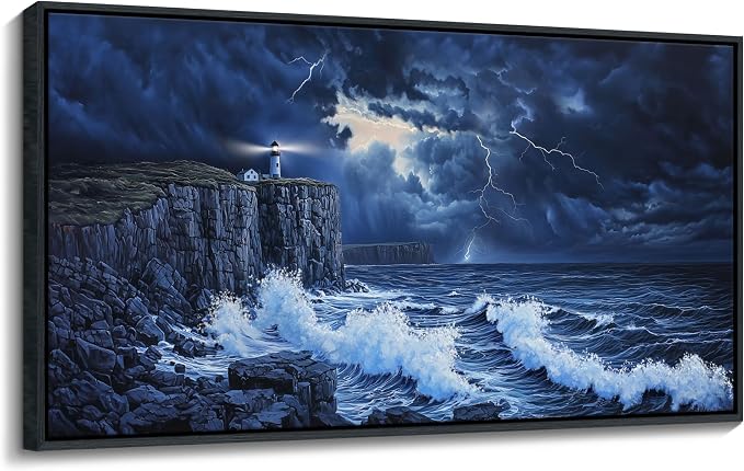 YDYSUNE Large Wall Decor- Ocean Canvas Painting Navy Blue Picture Framed Lighthouse Coastal Wall Art,Huge Waves Seascape Artwork for Living Room,Bedroom,Office Decoration