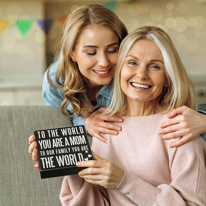 TJ.MOREE Birthday Gifts for Mom, Christmas Gift for Mother 6x6 Wood Box Sign “To the World You Are a Mom, But to Our Family You Are the World” Rustic Home Décor – Mother’s Day Gifts from Son, Daughter