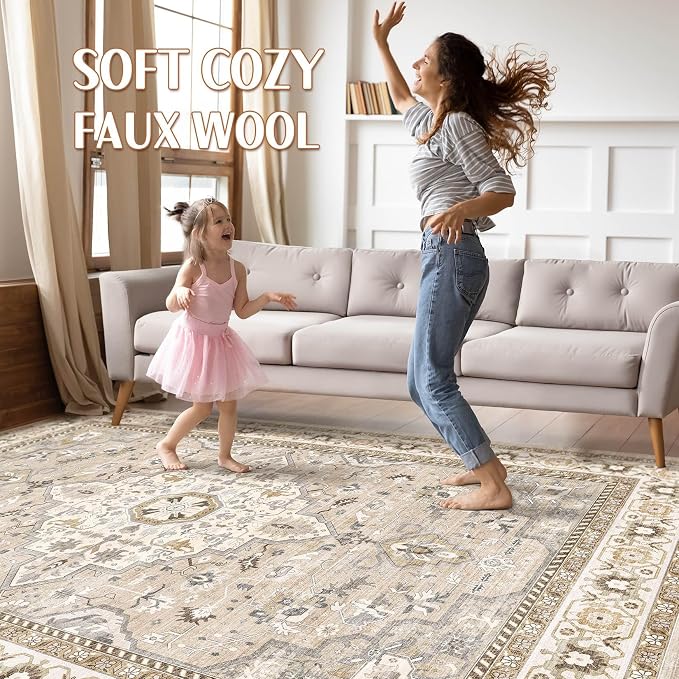 8x10 Area Rugs Living Room: Washable Boho Large Neutral Vintage Soft Rug Stain Resistant Farmhouse Non-Slip Indoor Floor Carpet for Bedroom Nursery Kids Playroom Office Dining Room- Beige Grey