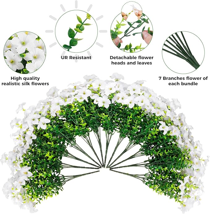 20 Bundles Artificial Petunias Flowers for Outdoors, Faux Silk Flowers UV Resistant Realistic Fake Plants for Outside Planters Porch Patio Yard Garden Spring Summer Home Decor, White
