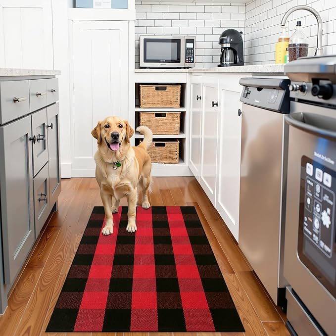 OLANLY Buffalo Plaid Rug 2' x 3' (24" x 36") – Red and Black Cotton Checkered Doormat, Washable Indoor Outdoor Rug for Layered Front Porch, Kitchen, Entryway Decor