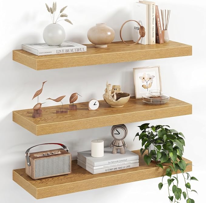 Fun Memories 24 Inch Floating Shelves - 8 Inch Deep Rustic Oak Wooden Wall Shelves - Extra Deeper & Thicker Wall Mounted Storage Shelf for Bedroom, Kitchen, Farmhouse, Oak - Set of 3