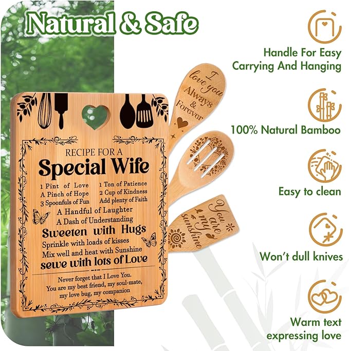 Mothers Day Gifts for Wife - "Recipe for a Special Wife" Birthday Gifts for Wife Cutting Board Set, Bamboo-Made Engraved Utensil Set Gifts for Wife