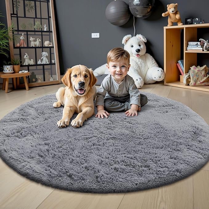 OLANLY Light Grey Round Rugs for Bedroom - Machine Washable, 7 ft Circle Area Rugs for Living Room, Soft and Fluffy Shaggy Carpet for Teen Girls and Boys, Nursery Rooms, Dorms, Home Decor Aesthetic