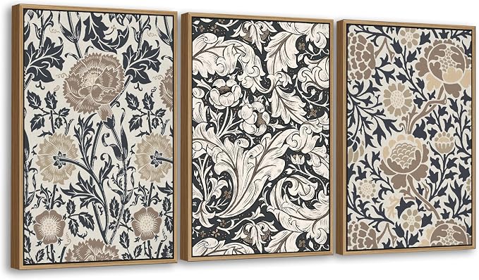 Large Flowers Wall Art for Living Room Natural Wood Float Framed Art Set of 3 William Morris Floral Canvas Pictures Vintage Artwork Botanical Canvas Poster Prints for Bedroom Wall Decor 32"X48"X3