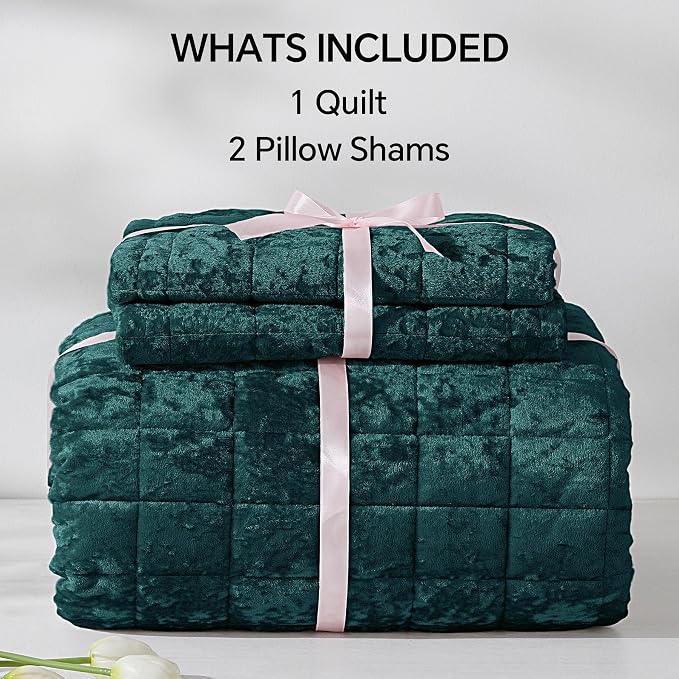 BEDELITE Velvet Quilt Set King Size - Luxury Soft Velvet Comforter Bedding Set for All Season, Lightweight Quilted Box Stitch Oversized Bedspread Coverlet with 2 Matching Shams, Shiny Emerald Green