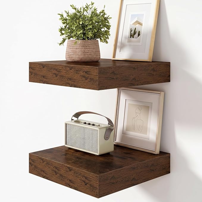 FLYJOE 12 Inch Floating Shelves, Brown Square Floating Shelves Set of 2, 12''W x 12''D Wood Shelves for Wall, Deep Shelves for Bathroom Living Room, Engineered Wood, Mounting Hardware Included
