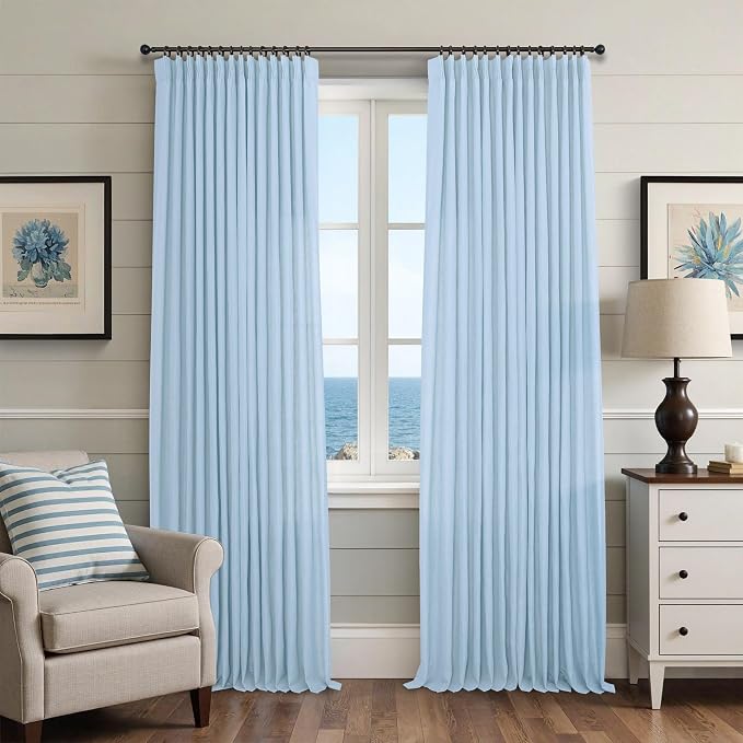 Light Blue Linen Pleated Curtains 84 Inches Long for Bedroom Sky Baby Blue Cerulean Spring Summer Curtain for Living Room Boho Modern Farmhouse Sheer Pinch Pleat Drapes 40x84 Length 2 Panels Back Tab