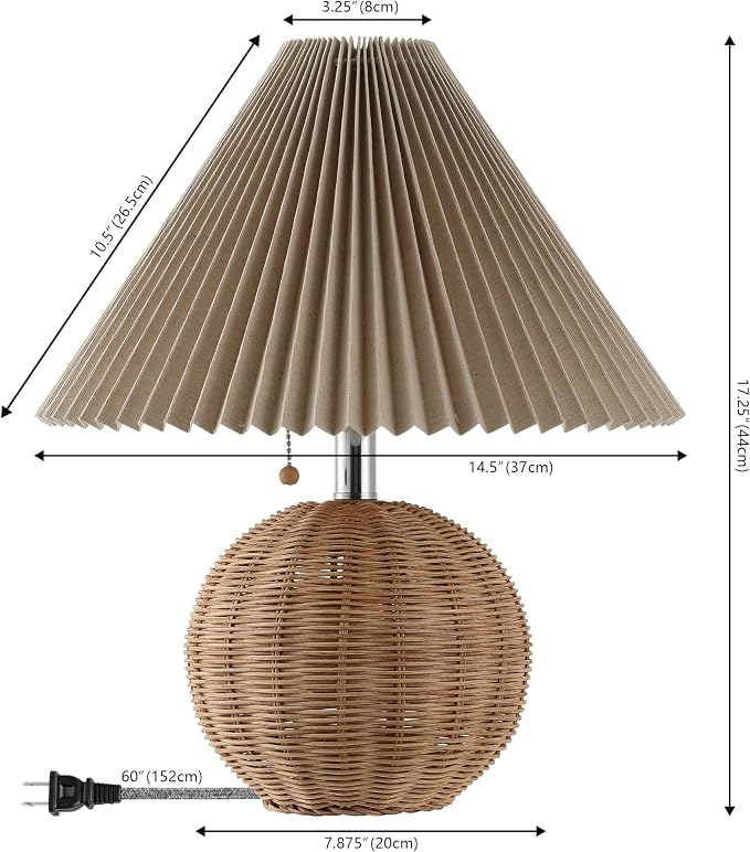 JONATHAN Y 17.25" Natural/Chrome/Dark Beige Sphere Table Lamp, Mid-Century Bedside Nightstand with Beige Pleated Linen Shade, Scandinavian Coastal Style, LED Bulb Included (JYL1145C)