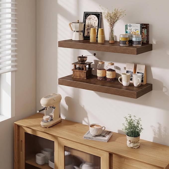 Fun Memories 32 x 12 Floating Shelves Wall-Mounted - Rustic Wood Shelf - 12 Inch Deep Floating Shelves for Wall - Large Storage Shelf for Bathroom - Kitchen & Bedroom - Walnut - Set of 2