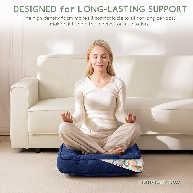 HIGOGOGO Large Floor Pillow Cushion for Adults, Meditation Cushion Pillow with Handle, Lustrous Chenille Tufted, Square Floor Sitting for Tatami Living Room or Yoga, 22x22 Inch, Navy
