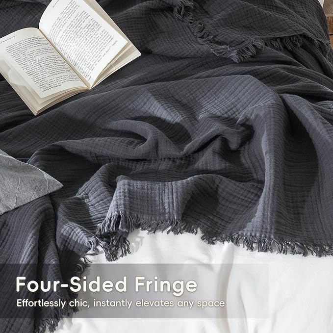 MooMee Muslin Blanket - 100% Cotton 4-Layer Gauze Throw Blanket with All-Around Fringe, Soft Breathable Lightweight Cooling Summer Blankets for Bed Couch (Dark Grey, Queen 90" x 90")