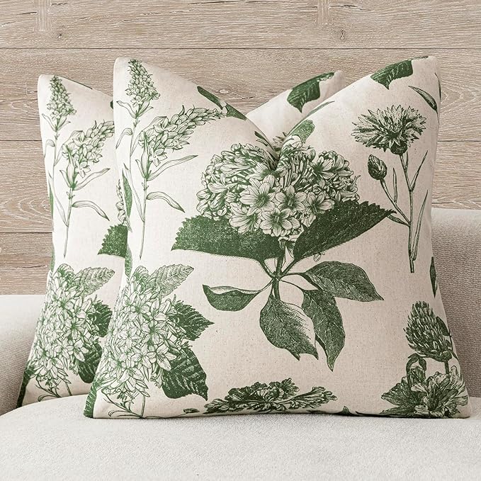 Foindtower Set of 2 Linen Floral Throw Pillow Covers Neutral Vintage Print Decorative Cozy Cushion Covers Farmhouse Boho Home Decor for Sofa Chair Couch Bedroom Living Room,18×18 Inch,Dark Green