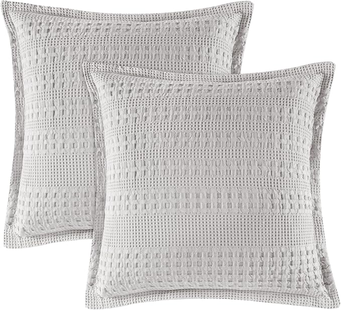 PHF 100% Cotton Ruffle Waffle Weave Euro Sham Covers, 2 Pack 26" x 26" Bed Pillow Covers for Elegant Home Decor, No Filling, Luxury Aesthetic Euro Pillow Cases for Bed, Light Grey