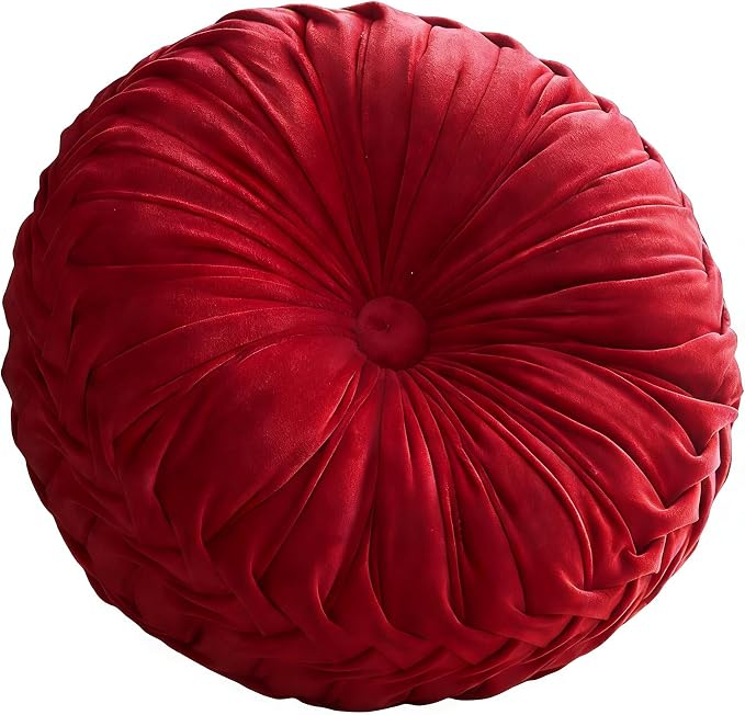Greenjin 15" Round Pillow for Couch, Circle Velvet Pleated Throw Pillow,Decorative Round Floor Cushion,Pumpkin Chair Cushion for Bed Chair Car Sofa Home Decor Wine Red