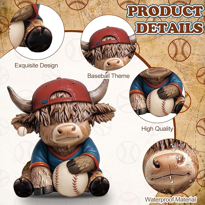 Wesiti 2 Pcs Baseball Highland Cow Figurines Decor, Cute Sport Resin Cow Statue with Bat and Ball, Baseball Fan Gifts for Adults Coaches Team Decor