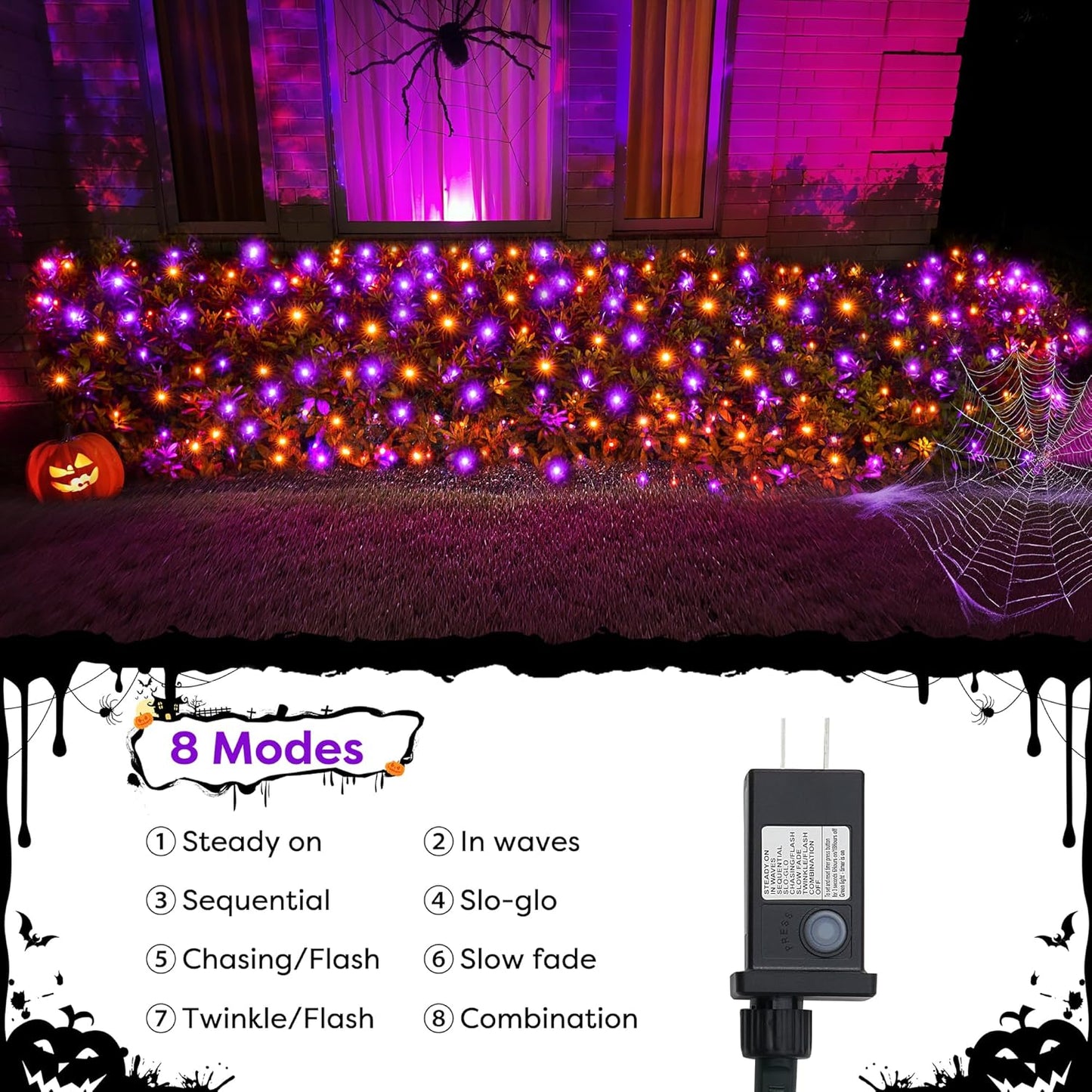 WBao Halloween Lights Outdoor 200LED 8.4ft x 5.2ft Orange Purple Halloween Net Lights with 8 Modes, Timer, Connectable, Waterproof & Dark Green Wire for Lawn, Bushes, Trees, Outdoor Holiday Decor