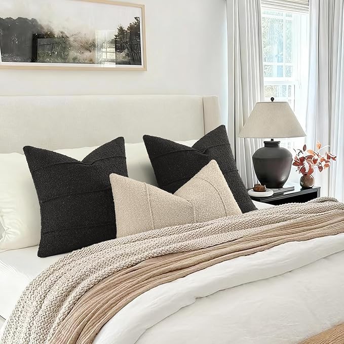 YCOLL Textured Boucle Throw Pillow Covers 22x22 Pack of 2 - Soft Neutral Striped Cushion Covers, Cozy Accent Decorative Pillow Covers for Couch, Sofa, Bed, Living Room (Black)
