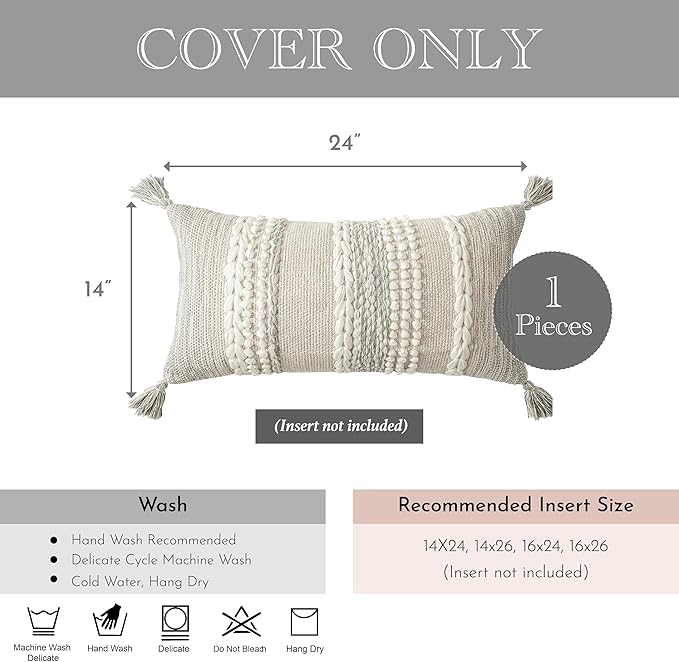 BlissBlush Gray Decorative Lumbar Pillow Cover 14x24, Boho Accent Throw Pillow Case for Couch Sofa Bed, Modern Farmhouse Textured Lumbar Cushion Bedroom Living Room, Cover ONLY