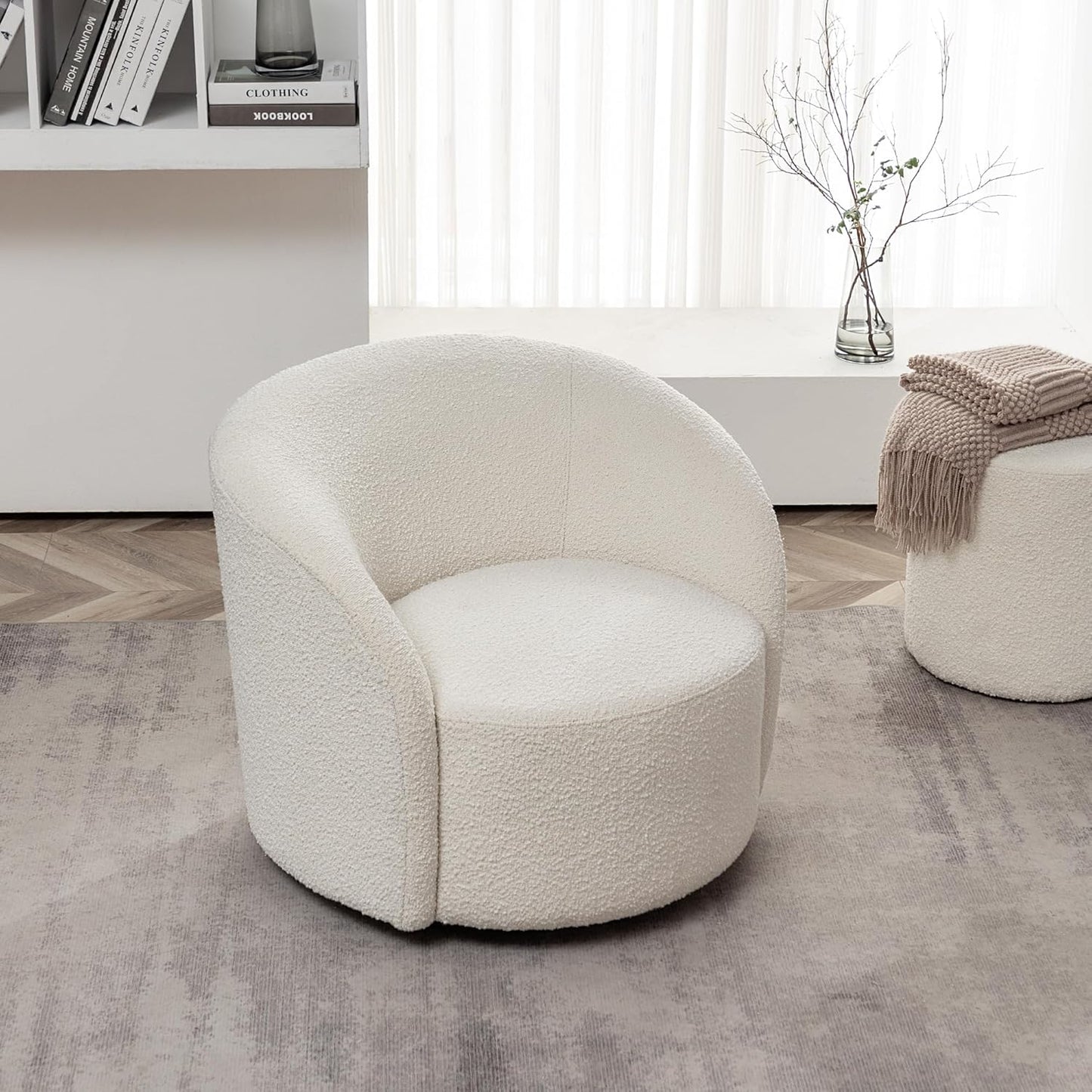 KINWELL 34" W Mid Century Modern Swivel Barrel Chair, Round Upholstered Boucle Swivel Accent Chairs, No Assembly Sofa Chair for Living Room Bedroom Reading Apartment Lounge Nursery(Cream)