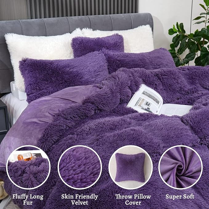 Fluffy Plush Purple Duvet Cover Set Queen Size, Luxury Ultra Soft Velvet Fuzzy Comforter Cover Bed Sets 4 Pcs(1 Faux Fur Duvet Cover + 2 Pillow Cases + 1 Pillow Cover) Zipper Closure (Queen, Purple)