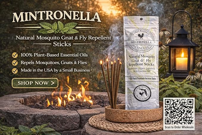 Farm Raised Candles Mintronella Citronella & Peppermint Mosquito Repellent Incense Sticks – 100 Pack – USA‑Made Natural Bug & Insect Repellent – Outdoor Camping, Patio Decor – No‑See‑Um & Gnats, Fly