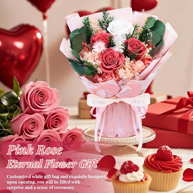 Preserved Pink Rose Bouquet Romantic Flowers Gift Set for Valentine | Preserved Pink Rose Bouquet for lovely Ladies Forever Flowers Gift set for Mom Wife Grandma, Anniversary Mother’s Valentine