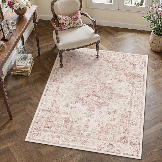 3x4 Washable Neutral Area Rug Pink Vintage Entryway Office Carpet Non-Slip Soft Low Pile Farmhouse Throw Rug for Entrance Living Room Bathroom Dining Room