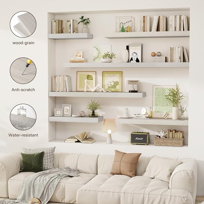 Acovy 72 Inch Floating Shelves, 12" Deep Floating Shelf Wall Mounted, 72" Wall Shelves, Rustic Deep Bookshelf, Extra Deeper & Thicker Display Shelves for Bedroom, Living Room, Gray, Set of 1