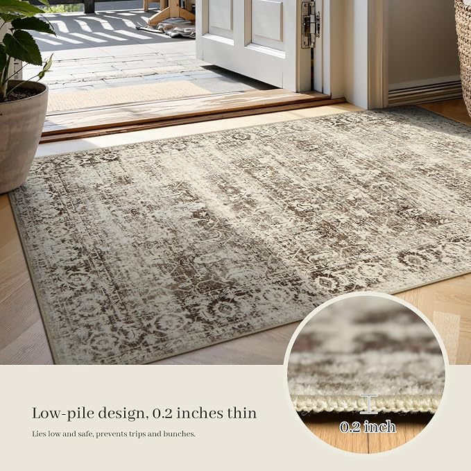 Lahome Margot Beige Washable Rugs for Living Room 8 x 10 Large Living Room Rug Indoor Carpet, Boho Vintage Distressed Non Slip Low Pile Bedroom Carpet for Dining Room Office Playroom (8x10, Beige)