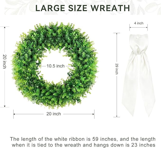 PinkPum 20'' Spring Boxwood Wreaths for Front Door Wreath Front Door Decor Artificial Wreath Summer Outdoor Indoor Green Home Round All Year Round Farmhouse St Patricks Day Decorations